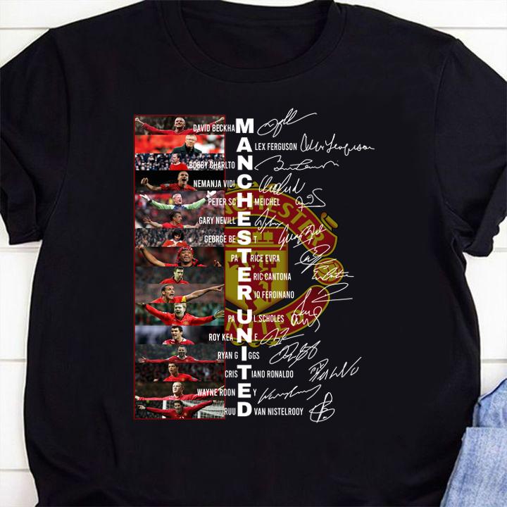 Awesome Manchester United David Beckham Alex Ferguson Bobby Charlton Signatures t-shirt shirt