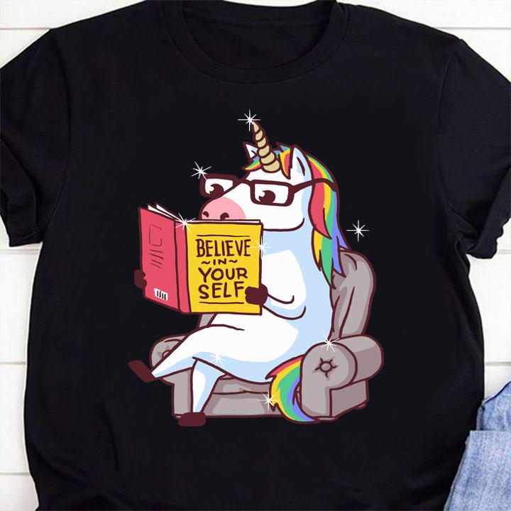 Official Mr Unicorn Reading Book Belive In Yourself Sofa t-shirt shirt
