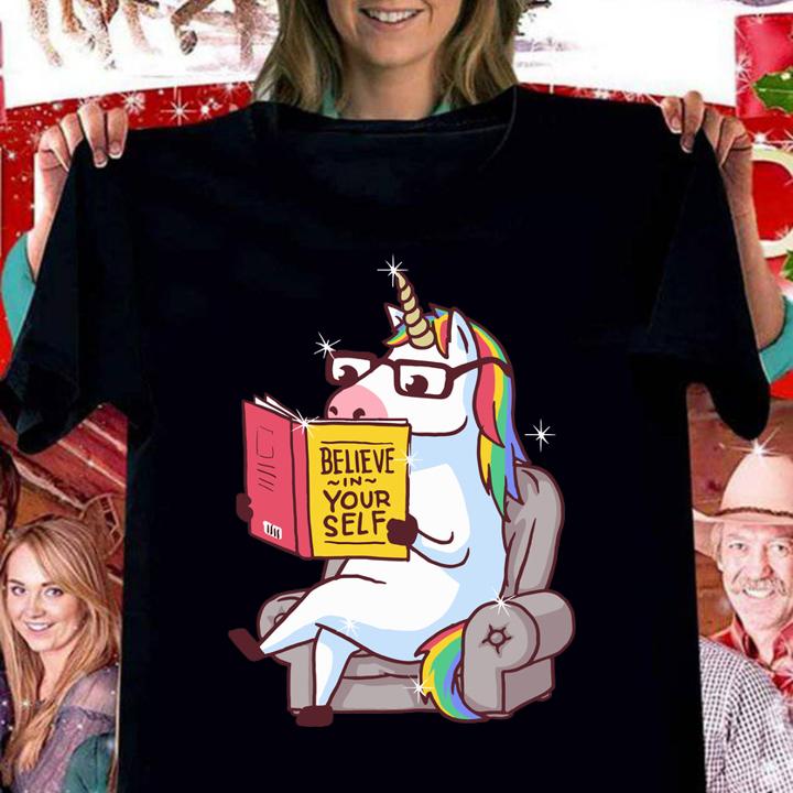 Official Mr Unicorn Reading Book Belive In Yourself Sofa t-shirt woman shirt