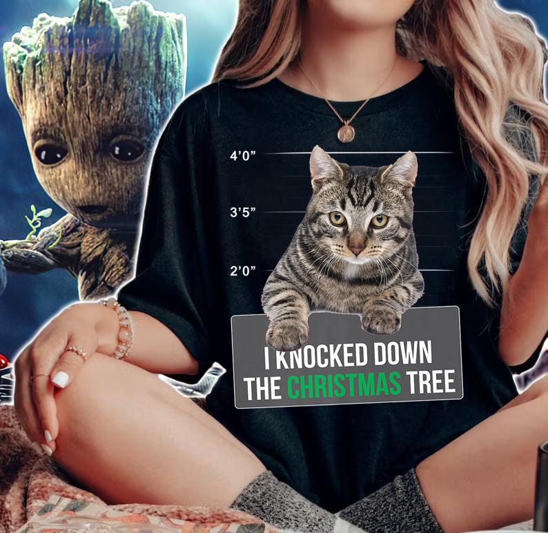 I Knocked Down The Christmas Tree Cat Mug Shot t-shirt woman shirt