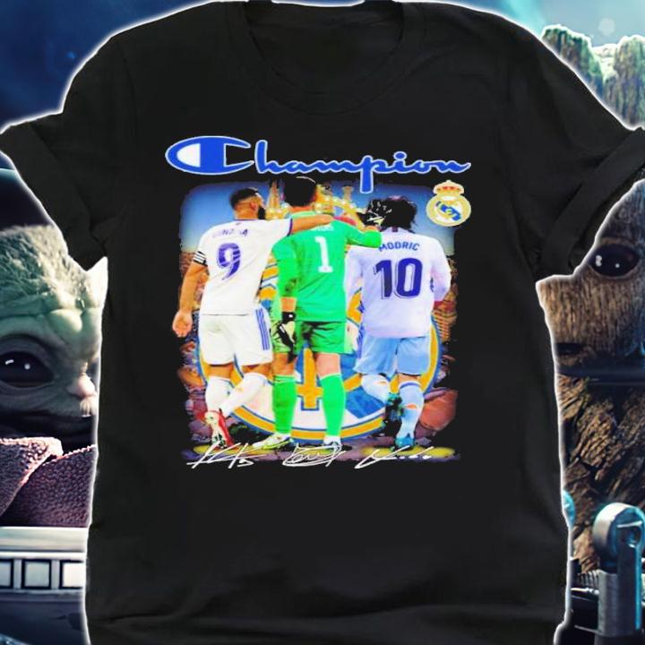 Real Madrid Champions Karim Mostafa Benzema Vs Thibaut Courtois And Luka Modri Signatures Shirt t-shirt shirt