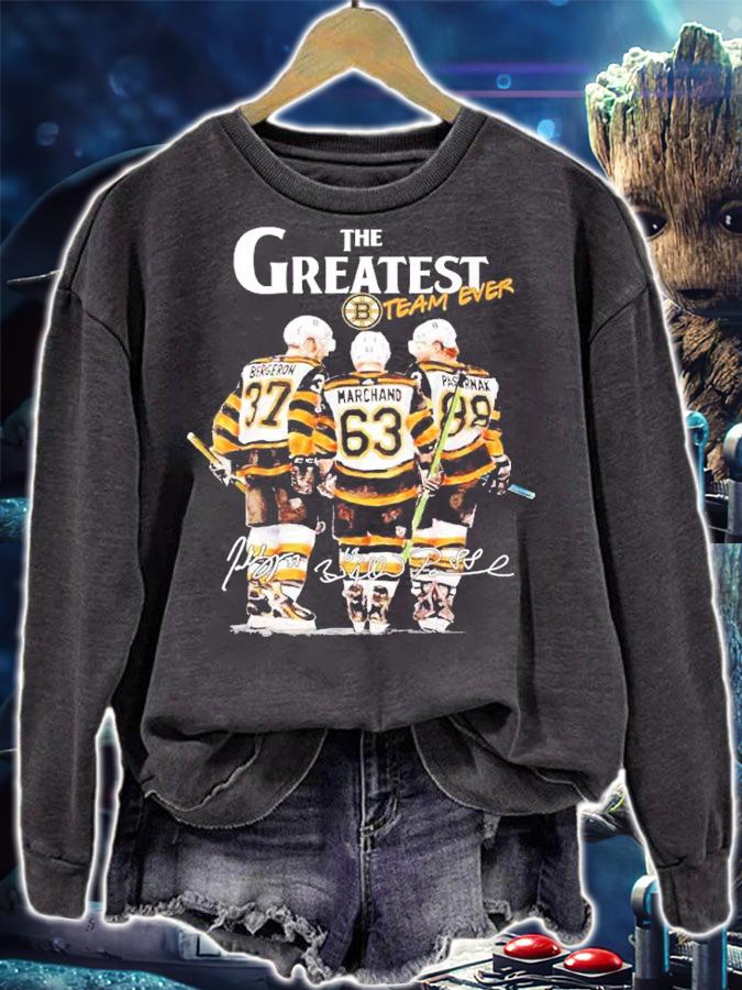 The greatest team ever Patrice Bergeron Brad Marchand David Pastrk signatures shirt t-shirt sweatshirt