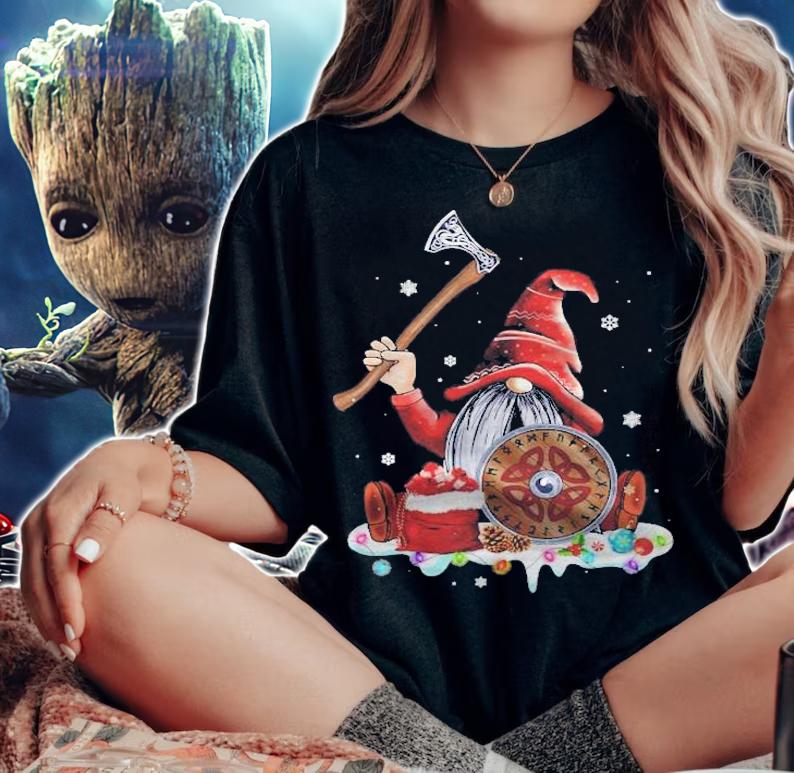 Norse Mythology Xmas Red Hat Gnome Beard Viking Weapons Christmas Graphic Classic T-shirt t-shirt
