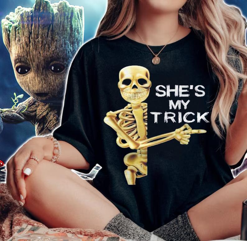 Halloween Shes My Trick Funny Skull Design , Couple Treat Shirt woman shirt