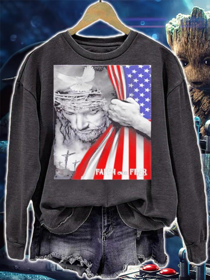 Faith Over Fear God Jesus Christian Flag 4th Of July T-Shirt