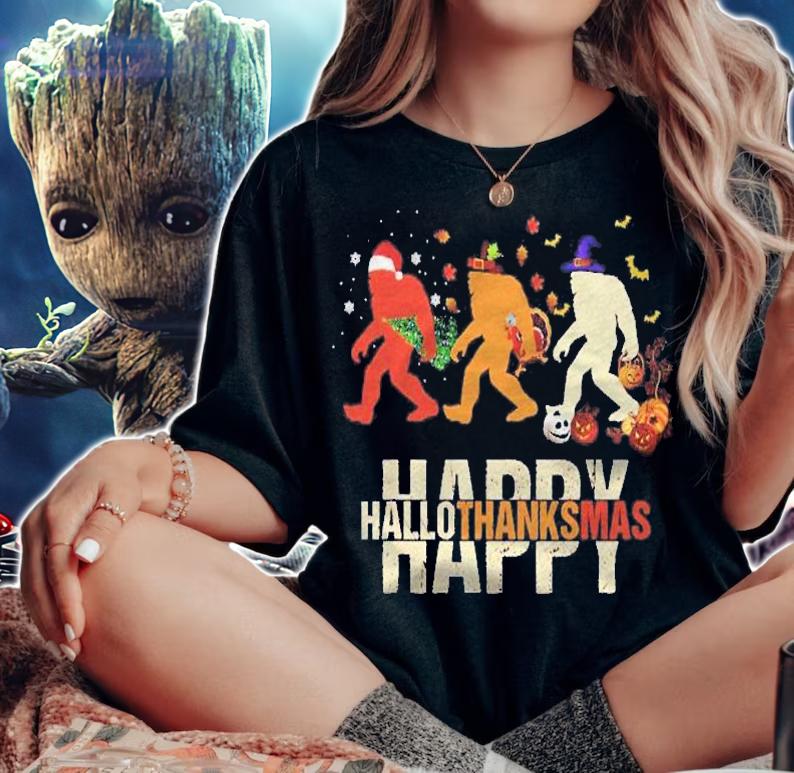 Happy Hallothanksmas Bigfoot Halloween Costume Christmas Shirt woman shirt