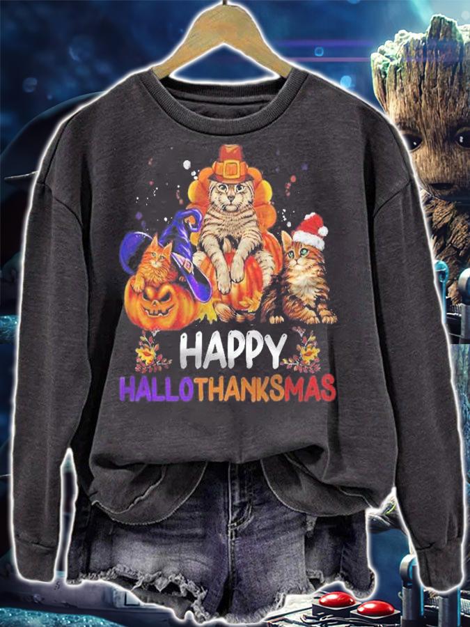 Funny Cat Happy Hallothanksmas Halloween Christmas Shirt sweatshirt