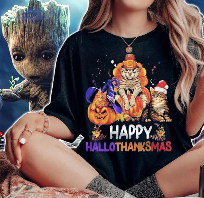 Funny Cat Happy Hallothanksmas Halloween Christmas Shirt woman shirt