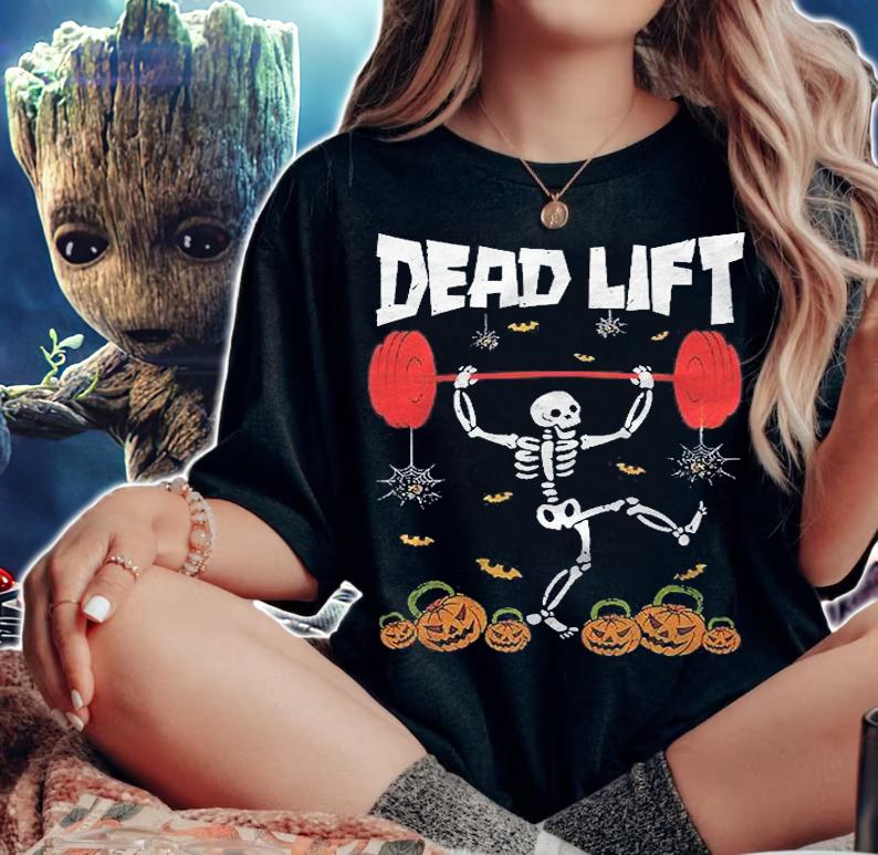 Skeleton Dead Lift Funny Gym Workout Halloween Costume Shirt