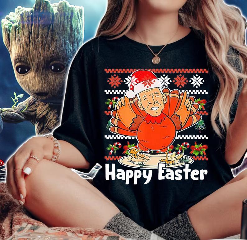 Ugly Christmas Santa Biden Turkey Happy Easter Merry Christmas T-Shirt