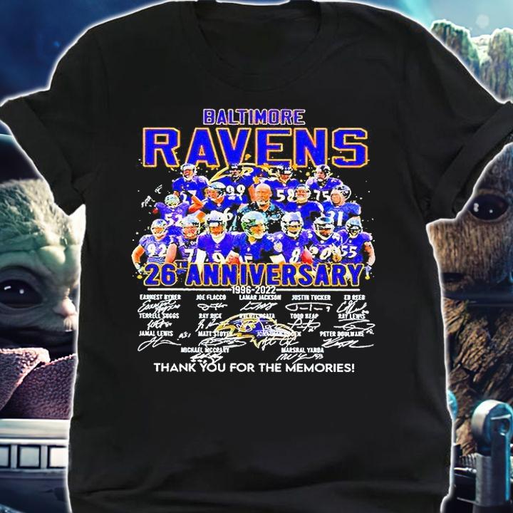 Baltimore Ravens 26th anniversary 1996-2022 thank You for the memories signature T-shirt