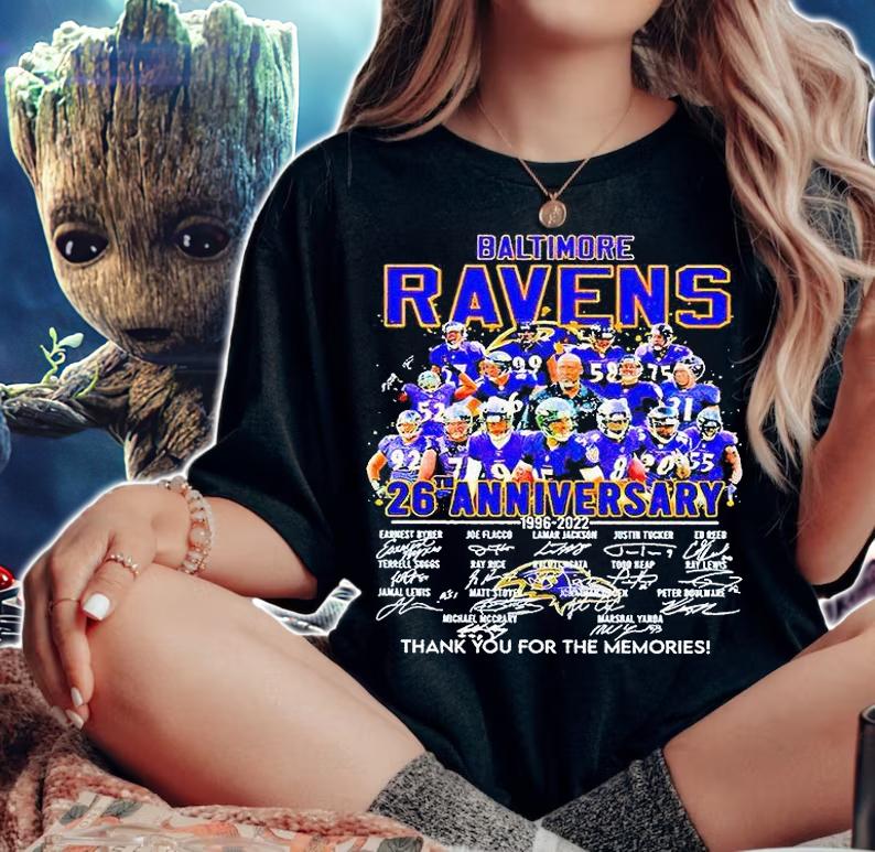 Baltimore Ravens 26th anniversary 1996-2022 thank You for the memories signature T-shirt