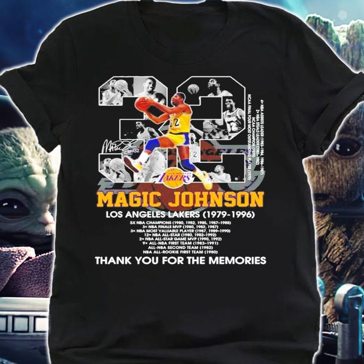 32 Magic Johnson signature Los Angeles Lakers 1979 1996 thank you for the memories shirt shirt