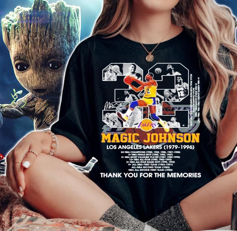 32 Magic Johnson signature Los Angeles Lakers 1979 1996 thank you for the memories shirt woman shirt