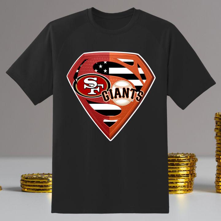 Official San Francisco 49Ers And Giants Inside Superman Logo American Flag T-Shirt